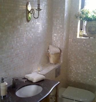 mother of pearl tile | Love the mother of pearl tiles. Would be kinda like having a shower in ... Pearl Tile Bathroom, Pearl Bathroom, Mother Of Pearl Tile, Shell Tiles, Pearl Tile, Dream Bath, Gorgeous Bathroom, Up House, Dream Bathrooms