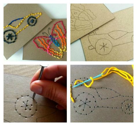 Sewing for Kids - Easy Stitch Cards: Practice fine motor skills [generally cool art technique] Stitch Cards, Seni Dan Kraf, Kids Sewing, Easy Stitch, Crafty Kids, Teach Kids, Creative Blog, Childrens Crafts, Reggio Emilia