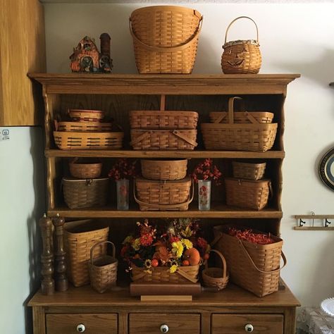 I saw a peek of Fall yesterday on the mountain out front so the trees reminded me that I needed to gather my Longaberger baskets. This is… | Instagram Longaberger Basket Ideas, Decorate With Baskets, Primitive Living, Primitive Living Room, Longaberger Baskets, Boutique Display, Fall Things, Gathering Room, Diy Jar Crafts