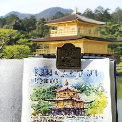 Andrea Deng Art on Instagram: "Full story on Patreon 🙌 This drawing of the Golden Pavilion costed me 2 entrance tickets, a lot of frustrations and meeting with new friends in Kyoto! Link in the BIO⬇️ @thegoodblueco L130 with Carbon Ink and watercolour on @isannatrovato handmade sketchbook #golden #pavilion #kyoto #adventure #temple #watercolour #inksketch #Ink #japan #urbansketchers #nature #sketchdaily #sketchbookdrawing #carnetdevoyage #art #gold #sketchbook #dailysketch" Travel Sketching, Japan Watercolor, Sketchbook Aesthetic, Golden Pavilion, Japan Temple, Nature Journaling, Handmade Sketchbook, Ink And Watercolour, Travel Sketchbook