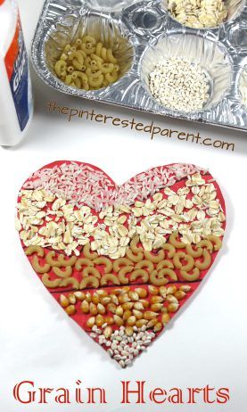 Hearts made with grains. Perfect for Valentine's day. Use rice, oats, pasta, barley, popcorn kernels. Arts and crafts for kids & preschoolers Pasta Art For Kids, Food Groups Preschool, Healthy Food Activities, Kids Valentines Day, Pasta Art, Gym Nutrition, Nutrition Activities, Popcorn Kernels, Food Activities