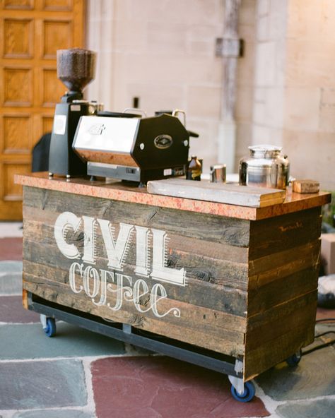 This couple's favorite coffee shop, Civil Coffee, set up a coffee cart for guests who needed a mid-reception pick-me-up. Coffee Booth, Mobile Coffee Cart, Gerobak Dorong, Diy Coffee Station, Coffee Station Kitchen, Mobile Coffee Shop, Coin Café, Coffee Trailer, Mobile Coffee