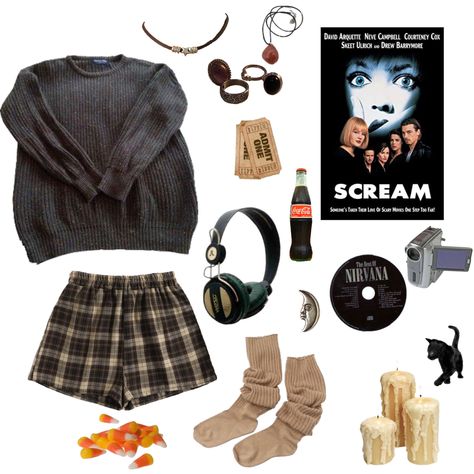 cozy autumn halloween scream franchise slasher final girl sweater cable knit plaid short boxers scrunchy socks nirvana cd camcorder vintage 90s grunge teen 20s college candles cat friday the 13th scary movie headphones whimsigothic pumpkin candy popcorn movies fashion clothing clothes inspo inspiration thrifting autumnal moodboard rings necklace jewlery crystals astrology pumpkin pie apples tim burton gilmore girls Slasher Inspired Outfits, Horror Movie Themed Outfits, 90s Horror Movie Outfits, 80s Horror Movie Aesthetic Outfits, 80s Horror Movie Outfits, Halloween Pjs Women Aesthetic, Tim Burton Outfits, Tim Burton Aesthetic Outfit, Tim Burton Inspired Outfits