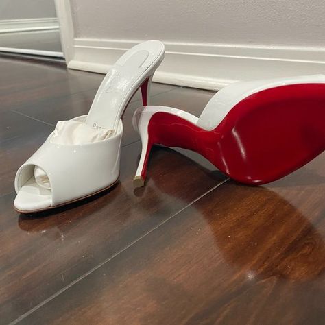 Christian Louboutin Me Dolly Patent Leather Mules White Christian Louboutin Mules, Me Dolly Louboutin, White Christian Louboutin Heels, Louboutin Mules, White Louboutin Heels, Louboutin Me Dolly, White Louboutin, Designer Wishlist, Shoes Wishlist