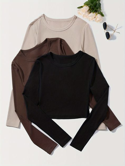 3pcs Set of Soft & Stretchy Women's Solid Color Crop Tops - Long Sleeve, Round Neck, Machine Washable, Breathable Polyester Blend for Spring/Fall Fashion https://share.temu.com/Aj5E0iDq2MA via @shoptemu Ribbed Clothing, Top Manga Larga, Fasion Outfits, Kids Fashion Clothes, Classy Dress Outfits, Quick Outfits, Classy Work Outfits, Easy Trendy Outfits, Causual Outfits