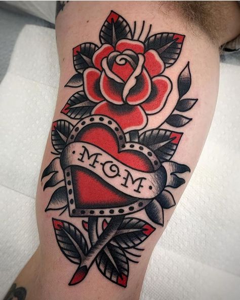 Mom Heart and Rose Family Tattoo | Tattoo Ideas and Inspiration Traditional Mom Tattoo, Rose Heart Tattoo, Traditional Heart Tattoos, Mom Heart Tattoo, Traditional Tattoo Old School, Traditional Style Tattoo, Mom Tattoo Designs, Mom Tattoo, Mother Tattoos