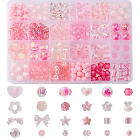 PRICES MAY VARY. Pink Assorted Beads: You will get 279 pieces of 24 adorable design assorted jewelry beads in clear and pink color, which can meet all your needs for DIY jewelry production! Multi Shape Styles: These clear pink assorted jewelry beads include various shape styles, such as different flower beads, smile face beads, love heart beads, pentagram beads, rabbit beads, polyhedron beads, bowknot beads, shell beads, cylinder beads, alphabet beads and more. Multi styles and sizes can fulfill Cute Beads For Bracelets, Disc Beads Bracelets, Cutecore Stuff On Amazon, Bracelets With Beads, Bead Shapes, Cute Beads, Beads Kit, Diy Kandi Bracelets, Beads For Bracelets