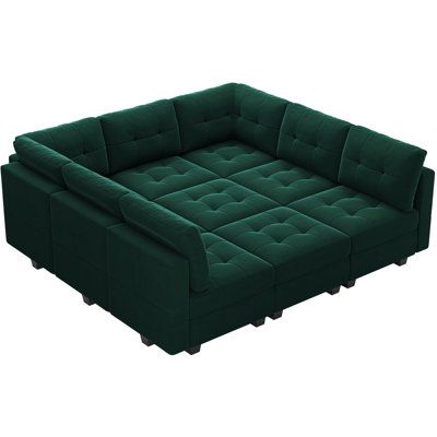 The existence of modular sofas allows you to give full play to your imagination! The cushion with high resilience foam and deep and thick cushions brings a comfortable sitting experience! This modular sectional sofa couch is made with a sturdy solid wood frame, filled with a high-density sponge, designed for long and lasting use. It is 100% filled with premium cotton, which is fluffy and soft, has better resilience provides perfect softness, and gives you a feeling of relaxation to enjoy your li Witchy Couch, Impractical Furniture, Vintage Maximalism Living Room, Green Decor Living Room, Dark Green Couch, Green Sectional, Custom Staircase, Velvet Sleeper Sofa, Unique Interiors