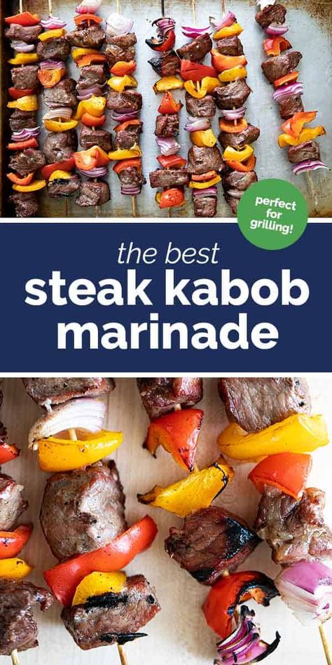 Full of bold flavor, this Steak Kabob Marinade is the best when grilling steak kabobs! Only 5 ingredients in the marinade - this is super easy and a great way to stretch a steak! #recipe #steak #grilling #kabob #marinade Steak Kabob Marinade, Kabobs Chicken, Grilled Kabobs, Beef Kabob Marinade, Easy Kabobs, Grilled Steak Kabobs, Kabob Marinade, Grilling Steak, Grilled Kabob Recipes