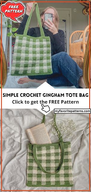 Simple Crochet Gingham Tote Bag Crochet Project Ideas, Gingham Tote Bag, Crochet Gingham, Crochet Pants Pattern, Crochet Cottagecore, Cottagecore Crochet, Crochet Plant Hanger, Cushion Cover Pattern, Whimsical Accessories