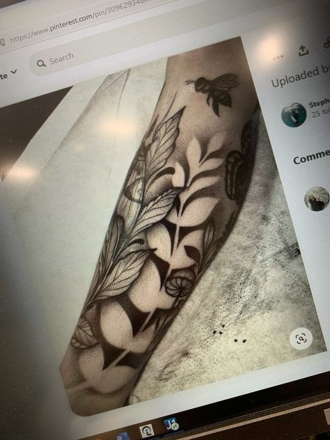 Leaf Tattoo Filler Ideas, Forest Filler Tattoo, Negative Flower Tattoo, Floral Gap Filler Tattoo, Negative Space Tattoo Flower, Elbow Filler Tattoo, Negative Space Flower Tattoo, Space Filler Tattoo Ideas, Tattoo Gap Fillers