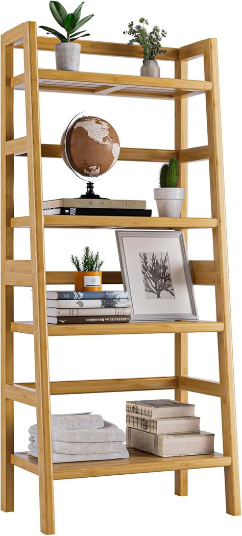 Wooden Ladder Shelf, Leaning Bookcase, Kitchen Natural, Bookcase Display, Bookcase Organization, Home Office Kitchen, Living Room Home Office, Ladder Shelf, Room Home Office