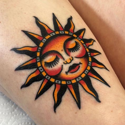 Traditional Sun Tattoo, Sunshine Tattoo, Traditional Tattoo Inspiration, Sun Tattoo Designs, Horoscope Tattoos, Traditional Style Tattoo, Traditional Tattoo Sleeve, Elbow Tattoos, Sun Tattoos