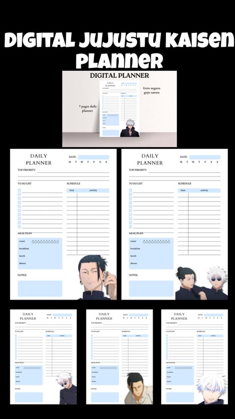 Minimalistic, white and blue, images of charecters Anime Planner, Anime Schedule, Schedule Your Day, Satoru And Suguru, Digital Daily Planner, Meal Planners, Daily Page, Time Activities, Weekly Schedule