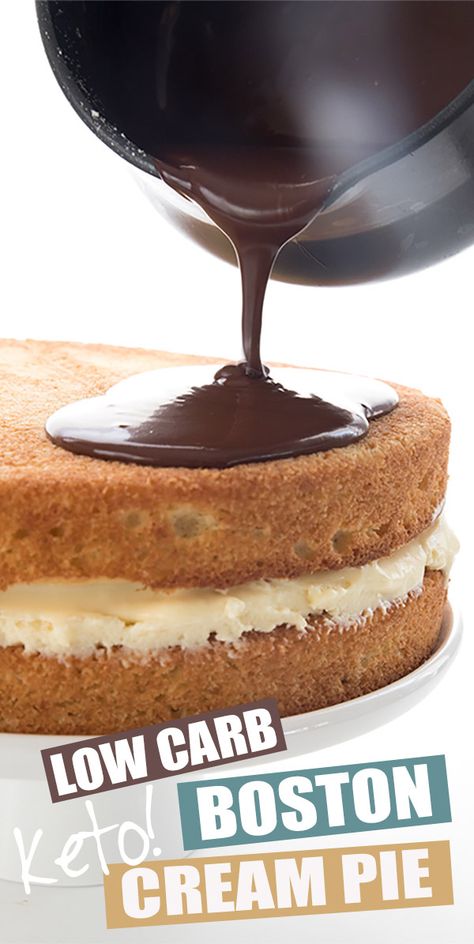 Boston Cream Pie gets a keto makeover! I recently updated this low carb recipe and now it's even better than before, with fewer carbs. Tender almond flour cake filled with sugar free vanilla pastry cream and a rich low carb chocolate glaze. #lowcarb #ketorecipes #ketodessert #bostoncreampie #almondflour #chocolateganache #lowcarbdiet #sugarfree Keto Pastry Cream, Keto Heavy Cream Dessert, Sour Cream Keto Dessert, Keto Boston Cream Pie, Keto Boston Cream Cake, Low Carb Pecan Cream Pie, Healthy Boston Cream Pie, Keto Boston Cream, Almond Flour Cake