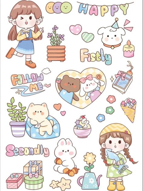 Sticker Pack Template, Stiker Kawaii Cute, Cute Stickers Printable Kawaii Stamps, Stiker Journal, Korean Printable, Cute Cat Stickers, Sticker Design Inspiration, Preppy Stickers, Cute Easy Doodles