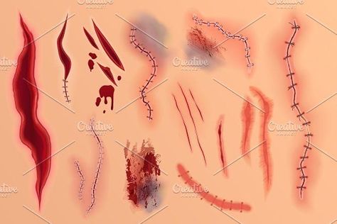 Open Wounds Drawing Reference, Open Wound Reference Drawing, Wound Reference, Sfx Scar, Scar Ideas, How To Draw Scars, Surgical Stitches, Skin Background, Drawing Blood