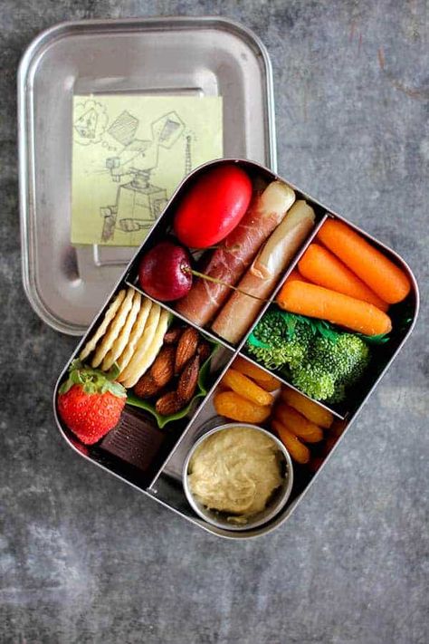 Lunch Box || Charcuterie Box - This Mess is Ours Steamed Baby Carrots, Cheese Board Ideas, Charcuterie Lunch, School Lunch Ideas For Kids, Charcuterie Box, Yogurt Covered Raisins, Lunchbox Recipes, Lunch Ideas For Kids, Bagel Chips