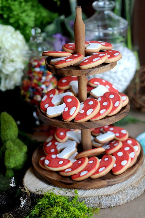 Red Mushroom Cookies.  Fairy birthday party. Mushrooms Birthday Party, Mushroom Forest Theme Party, Mushroom Fairy First Birthday, Mushroom Birthday Cake Ideas, Mushroom Birthday Cake Simple, Frog And Mushroom Themed Birthday Party, Cottagecore Prom Theme, Enchanted Forest Theme Cookies, Toadstool First Birthday