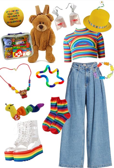 Aesthetic Clown Outfits, Clown Core Outfit Ideas, Y2k Kidcore Outfits, Rainbow Inspired Outfits, Dreamcore Outfit Aesthetic, Toddlercore Fashion, Glitch Core Outfits, Dream Core Clothes, Kidcore Clothes Aesthetic