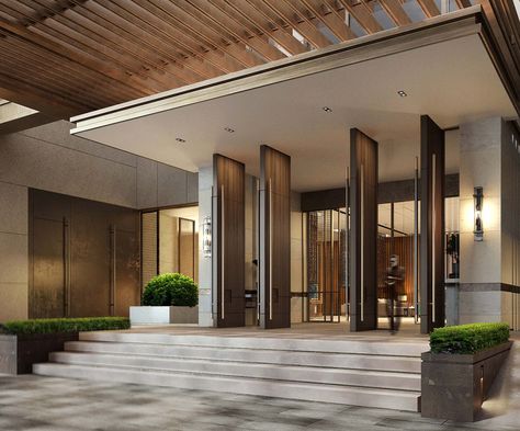 Entrance Hotel Design, Hotel Entrance Door Design, Building Lobby Design Entrance, Hotel Entrance Design Exterior, Residential Building Entrance Lobby, Hotel Entrance Door, Apartment Entrance Lobby, Apartment Building Entrance, Building Entrance Design