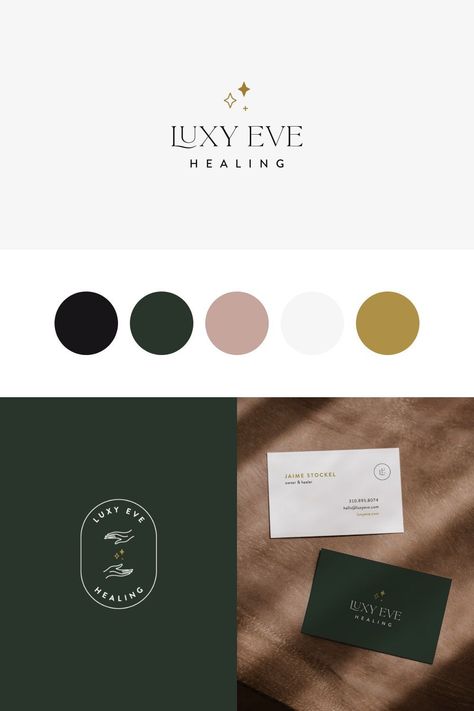 Minimal, elegant, modern Squarespace website and branding for reiki and energy healer based in LA. Luxy Eve creates a safe, grounded space for energy healing through the use of reiki, spiritual counseling, and self-care. Feminine, magical, chic, modern branding and mobile responsive website. We used a minimal color palette of green, neutrals, soft pink, and gold. Primary logo, business card design, submark logo variation. Luxury Color Palette Branding, Submark Logo, Spiritual Counseling, Spiritual Community, Minimal Color Palette, Brand Palette, Premium Business Cards, Luxury Branding Design, Elegant Branding