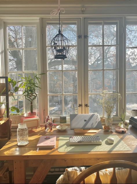 Desk Window Aesthetic, Desk In Front Of Window Aesthetic, Desk Facing Window, Wyoming House, Elizabeth Grace, Sunroom Office, Desk Window, Cozy Home Office, Study Aesthetic