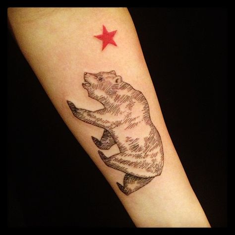 California Flag Tattoo California Tattoo Ideas, California Bear Tattoos, Cali Tattoo, Black And Blue Tattoo, Neat Tattoos, Kali Tattoo, Bear Tattoo Designs, California Tattoo, Bear Flag