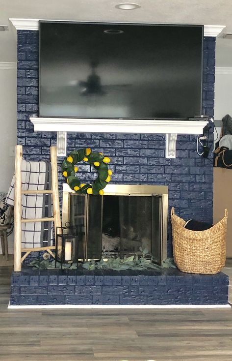 Painting Brick Fireplace Navy Blue, Royal Blue Fireplace, Blue Fireplace Wall, Navy Blue Fireplace, Dark Blue Fireplace, Navy Fireplace, 2023 Fireplace, Painted Fireplaces, Blue Fireplace