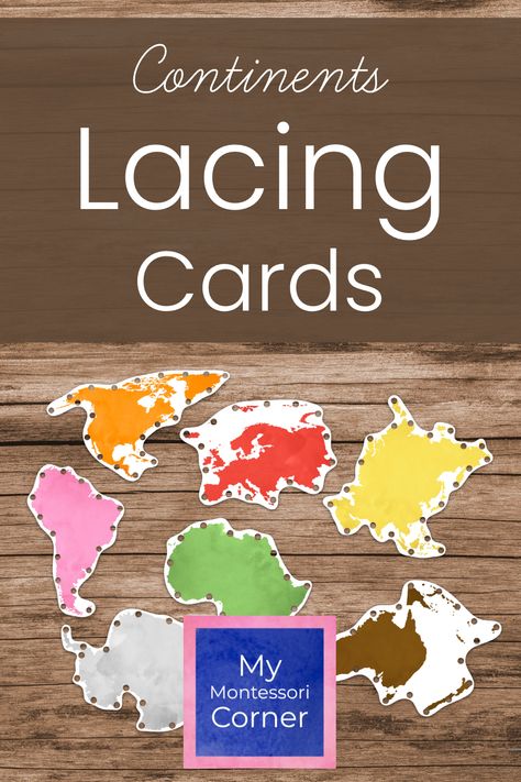 Montessori World Continents Lacing Cards Printable by My Montessori Corner Montessori Continents Activities, Continents Activities Preschool, Montessori Corner, Montessori Continents, World Continents, Continents Activities, Phonics Printables, Montessori Color, Montessori Printables