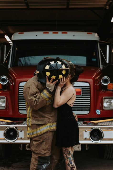 Firefighters Wedding, Firehouse Wedding Reception, Wedding Firefighter, Fireman Engagement Pictures, Fireman Engagement Photos, Firehouse Engagement Photos, Fire Fighter Engagement Photos, Fireman And Nurse Engagement Pictures, Nurse Firefighter Couple