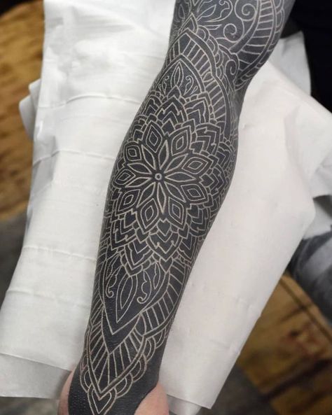 White On Black Tattoos, Black Tattoo With White Ink, Black Leg Sleeve Tattoo, Black Filler Tattoo, Full Black Tattoo, White Ink On Black Tattoo, Small Blackout Tattoo, Black Out Sleeve Tattoo With White, Blackout Cover Up Tattoo