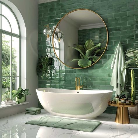 7+ Gorgeous Green Bathroom Tile Inspiration Tips • 333k+ Inspiring Lifestyle Ideas & Images Wood And Green Bathroom Ideas, Green Bath Tile Ideas, Green And Brass Bathroom Ideas, Bathroom Ideas With Green Tile, Bathroom Ideas Family, Green Spa Bathroom Ideas, Bathroom Design Green Tile, Sage And Gold Bathroom, Green Tile Bathrooms