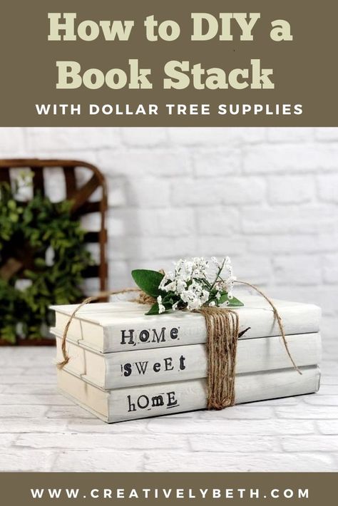 How to DIY Book Stack with Dollar Tree Supplies Creatively Beth #creativelybeth #dollartreecraft #homedecor #bookstack #diy Fake Books Decor Diy, Stacked Books Decor Diy, Elephant Rings, Dollar Diy, Crafting Business, Farmhouse Shelf, Christmas Cuties, Farmhouse Books, Stacked Books