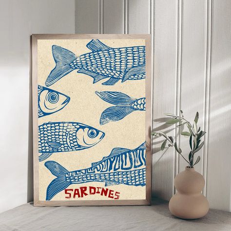 Poster Art Deco, Fish Wall Art, Deco Retro, Fish Print, Kitchen Prints, Poster Retro, Lino Print, Printing Center, Retro Decor