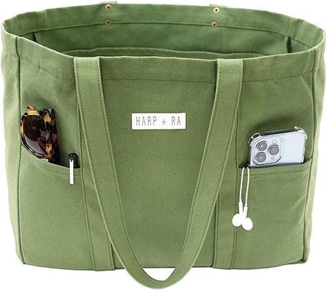 Harp and Ra Large Canvas Tote Bag - Utility Tote with 2 Front Pockets and Laptop Sleeve, Teacher Bag in 16 Oz Organic Cotton Utility Tote Bag, Teacher Bag, Green Tote Bag, Teacher Bags, Green Tote, Utility Tote, Trendy Tote Bags, Oversized Tote, Everyday Tote