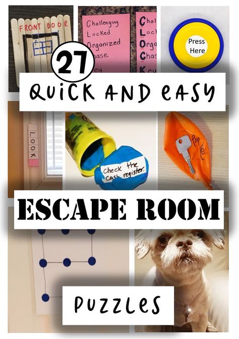 The post shows eight images of escape room puzzles.  From popsicle stick puzzles, recordable buttons, popped balloons and even a dog holding a clue. Escape Room Activities, Escape Box, Escape Room Diy, Diy Escape Room, Room Activities, Free Printable Puzzles, Escape Room For Kids, Escape Room Puzzles, Problem Solving Activities