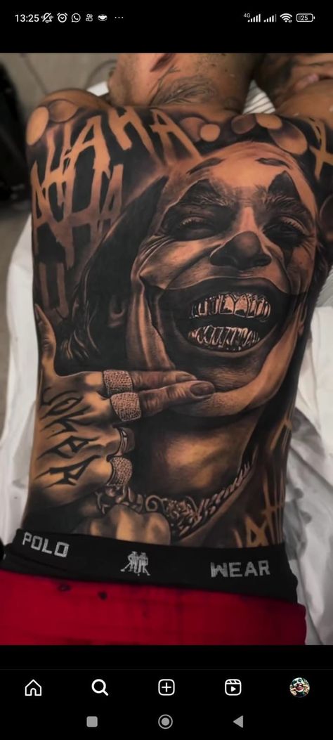 Tattoo For Man Back, Scary Character Tattoos, Scary Smiley Face Tattoo, Top Chest Tattoo For Men, Back Piece Tattoo Men Design, Back Tattoo Men Full, Arm Cover Up Tattoos Men, Men Full Back Tattoo, Chicano Arm Sleeve