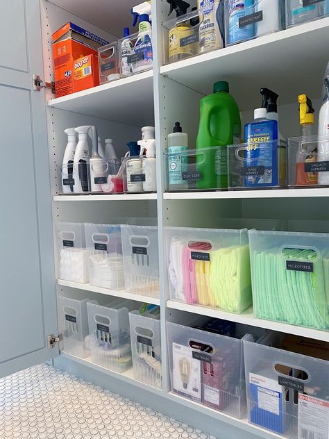 NEAT Method- laundry rooms, modern laundry rooms, laundry room design, laundry room inspiration, mudrooms/laundry rooms, organized laundry room, linen closets, modern design, home design ideas, beautiful spaces, organized spaces, neat ideas, cleaner, cleaning supplies Organized Laundry Room Cabinets, Organization Ideas Laundry Room, Laundry Room Organization Ikea, Backstock Closet Organization, Large Cleaning Closet, Cleaning Supply Storage Laundry Room, Organized Utility Room, Large Laundry Room Organization, Laundry Room Organization Open Shelves