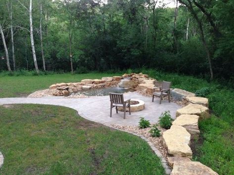 Large Limestone Rock Landscape, Limestone Rock Garden, Limestone Landscaping Ideas, Backyard Berm, Limestone Fire Pit, Limestone Landscaping, Firepit Furniture, Limestone Garden, Beach House Landscaping