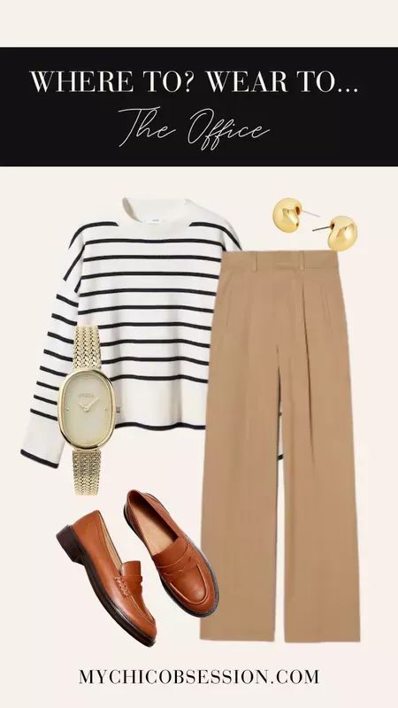 Wide Legged Khaki Pants Outfit, Khaki Loafers Outfit, Outfits With Tan Loafers, Wide Leg Pants And Loafers, Loafers And Trousers Outfit, Camel Trousers Outfit Work, Wide Beige Pants Outfit, What To Wear With Tan Pants, Beige Tapered Trousers