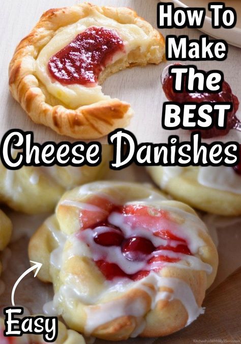 This Easy Cherry Danish with Cream Cheese recipe will be your new favorite for a quick breakfast that everyone loves. The danishes start with store-bought crescent rolls and are filled with sweetened cream cheese and cherry pie filling. So simple! Easy Cherry Cheese Danish, Cream Cheese Turnovers Puff Pastries, Danish Cream Cheese Pastry, The Country Cook Recipes Desserts, Strudel Recipes Savory, Crescent Roll Sheet Recipes Desserts, Cherry Sweet Rolls Recipe, Cressant Rolls Recipes Dinner, Crescent Sheet Recipes Desserts