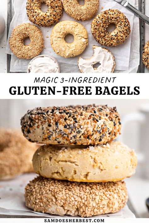 These 3-ingredient gluten-free bagels are truly magic! No yeast, kneading, rising, or boiling in water required. Just three simple ingredients, and these bagels are ready to eat in 30 minutes! Easy Dinner Recipes Keto, Yogurt Bagel Recipe, Traditional Bagel Recipe, Gluten Free Bagel Recipe, Healthy Bagel, Vegan Greek Yogurt, Vegan Bagel, Bread Gluten Free, Bread Healthy