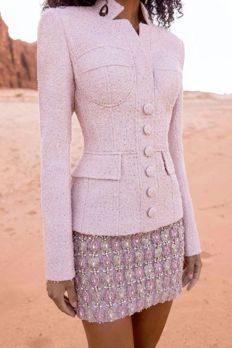 Tweed Mini Skirt Outfit, Tweed Blazer Outfit Women, Lady Suits, Baby Dress Embroidery, Tweed Skirt Suit, Rami Kadi, Symbol Of Life, Money Fashion, Elegant Mini Dress