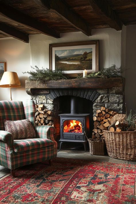 Cozy stone fireplace with woodburning stove and plaid armchair. Get ready for a whimsical journey through dark cottagecore interiors where quaint charm meets mysterious, cozy nooks that might just inspire your next favorite hideaway. Scottish Highland Interiors, English Cottage Stone Fireplace, Cozy Scottish Cottage, Victorian Style Cottage, Hobbit Cottage Interior, Old Cottage Fireplace, Dark English Cottage Interiors, Primitive Fireplace Ideas, Winter Cottage Aesthetic