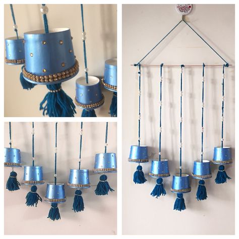 Easy to make,simple and elegant wall hanging from disposable paper cups/tea cups Tea Cups Decoration Ideas, Paper Crafts Hanging Decoration, Simple Wall Hanging Diy, Cup Hanging Ideas, Paper Cup Diy Ideas, Diy With Paper Cups, Craft From Paper Cup, Diwali Competition Ideas, Crafts With Tea Cups