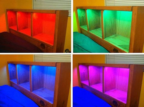 The DIY "RGB-oard" #LED #headboard #decoration Diy Gamer Decor, Boy Headboard, Wall Headboard Ideas, Ikea Headboard, Led Headboard, Gamer Decor, Headboard With Shelves, Led Lighting Diy, Headboard With Lights