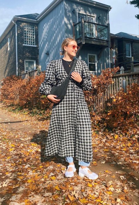 Ganni dress, nike rift outfit, baggu, street style Ganni Dress Street Style, Nike Air Rift Outfit Street Styles, Nike Air Rift Outfit, Air Rift Outfit, Ganni Outfit, Dress Over Jeans Outfit, Ganni Street Style, Serving Cvnt, Nike Rift