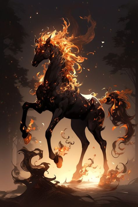 Horse Fantasy Art, Fire Creature, Fire Animals, Fire Horse, Magical Horses, Mythical Creatures Fantasy, Mystical Animals, Beast Creature, Fantasy Horses