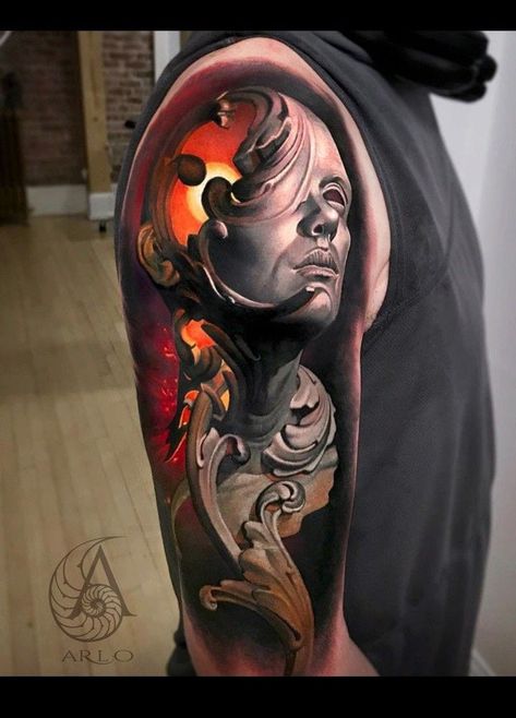 Arlo Tattoo, Arlo Dicristina, Daruma Doll Tattoo, Inner Bicep Tattoo, Pop Art Tattoos, Hyper Realistic Tattoo, Organic Tattoo, Surreal Tattoo, Full Tattoo